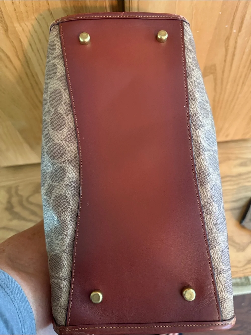 Coach Brown Signature Tote with Wine Leather Trim and Floral Wallet